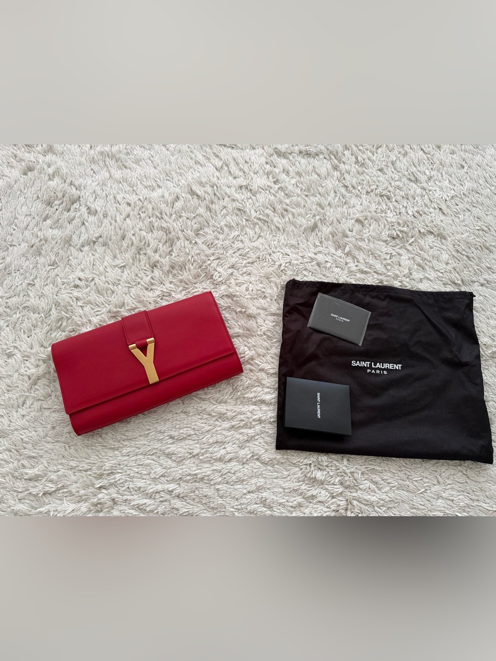 Saint Laurent Red Leather Y-Signet Clutch with Gold Hardware